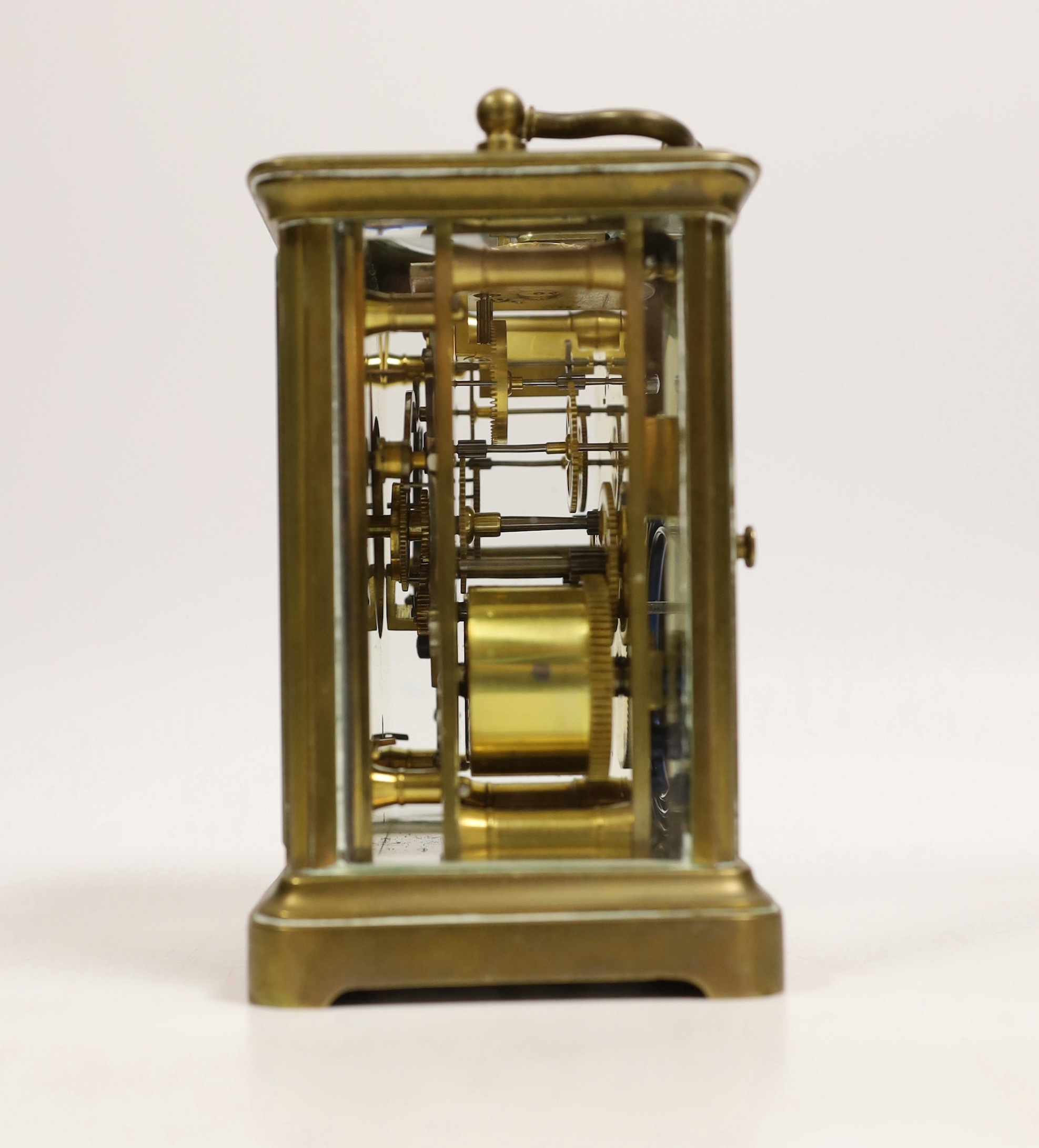 A brass carriage timepiece with travelling case, 11cm